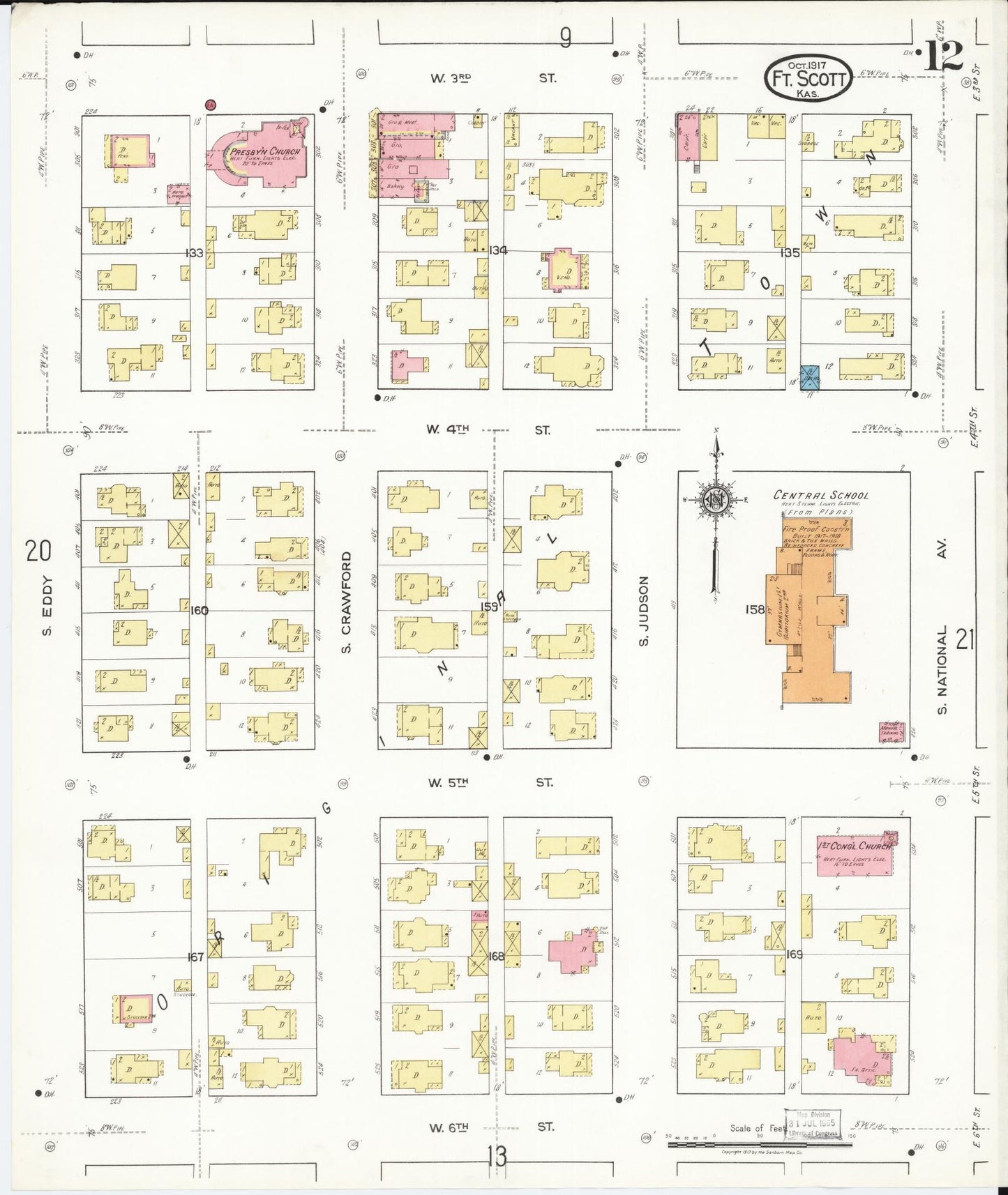Sanborn Fire Insurance Map from Fort Scott, Bourbon County, Kansas (1917), Sheet #0012 - Historic Sanborn Fire Insurance Map Print, vintage old map wall art, antique decor, genealogy gift, Kansas Kansas map