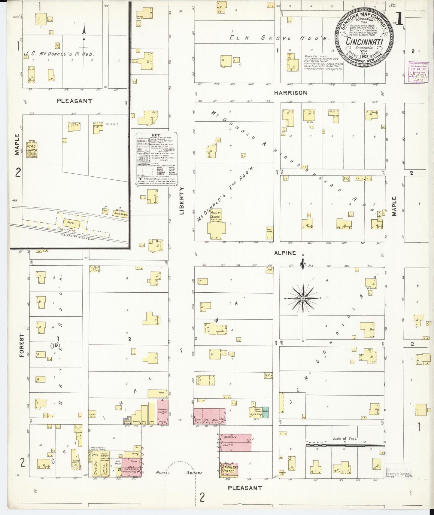Sanborn Fire Insurance Map from Cincinnati, Appanoose County, Iowa (1907), Sheet #0001 - Historic Sanborn Fire Insurance Map Print, vintage old map wall art