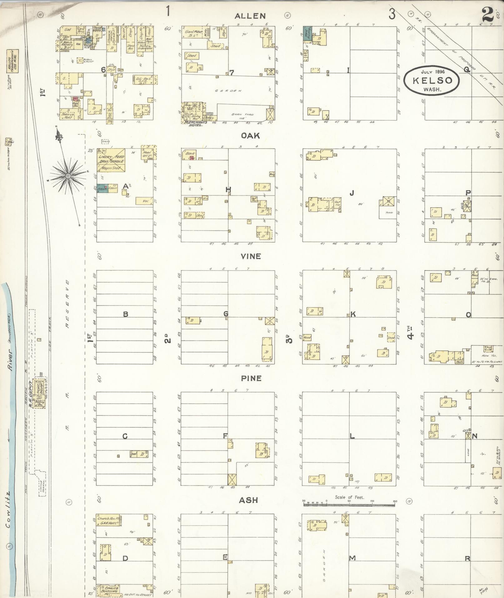 Sanborn Fire Insurance Map from Kelso, Cowlitz County, Washington (1896), Sheet #0002 - Complete Map Set gallery image, historic Sanborn map, vintage wall art, Washington Washington