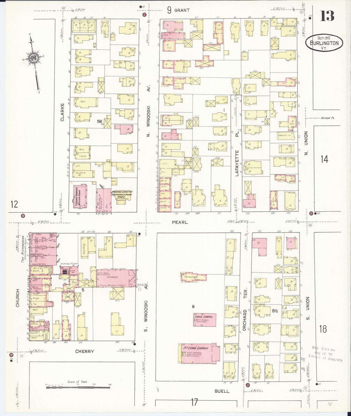 Sanborn Fire Insurance Map from Burlington, Chittenden County, Vermont (1912), Sheet #0013 - Historic Sanborn Fire Insurance Map Print, vintage old map wall art, antique decor, genealogy gift, Vermont Vermont map