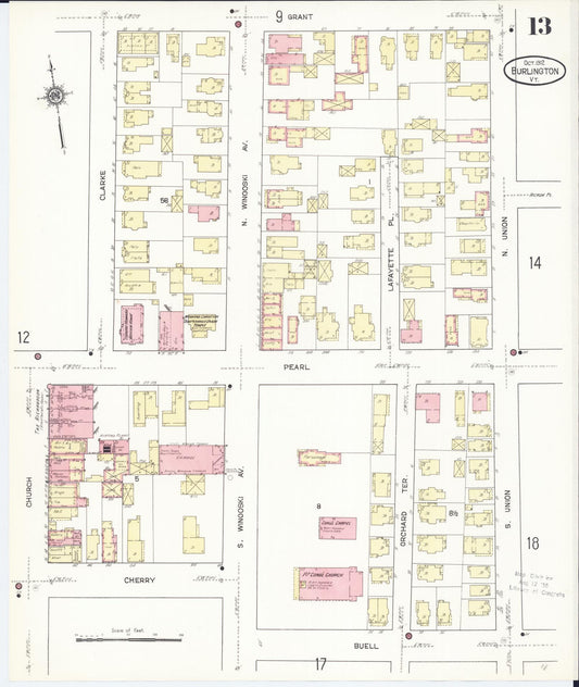 Sanborn Fire Insurance Map from Burlington, Chittenden County, Vermont (1912), Sheet #0013 - Historic Sanborn Fire Insurance Map Print, vintage old map wall art, antique decor, genealogy gift, Vermont Vermont map
