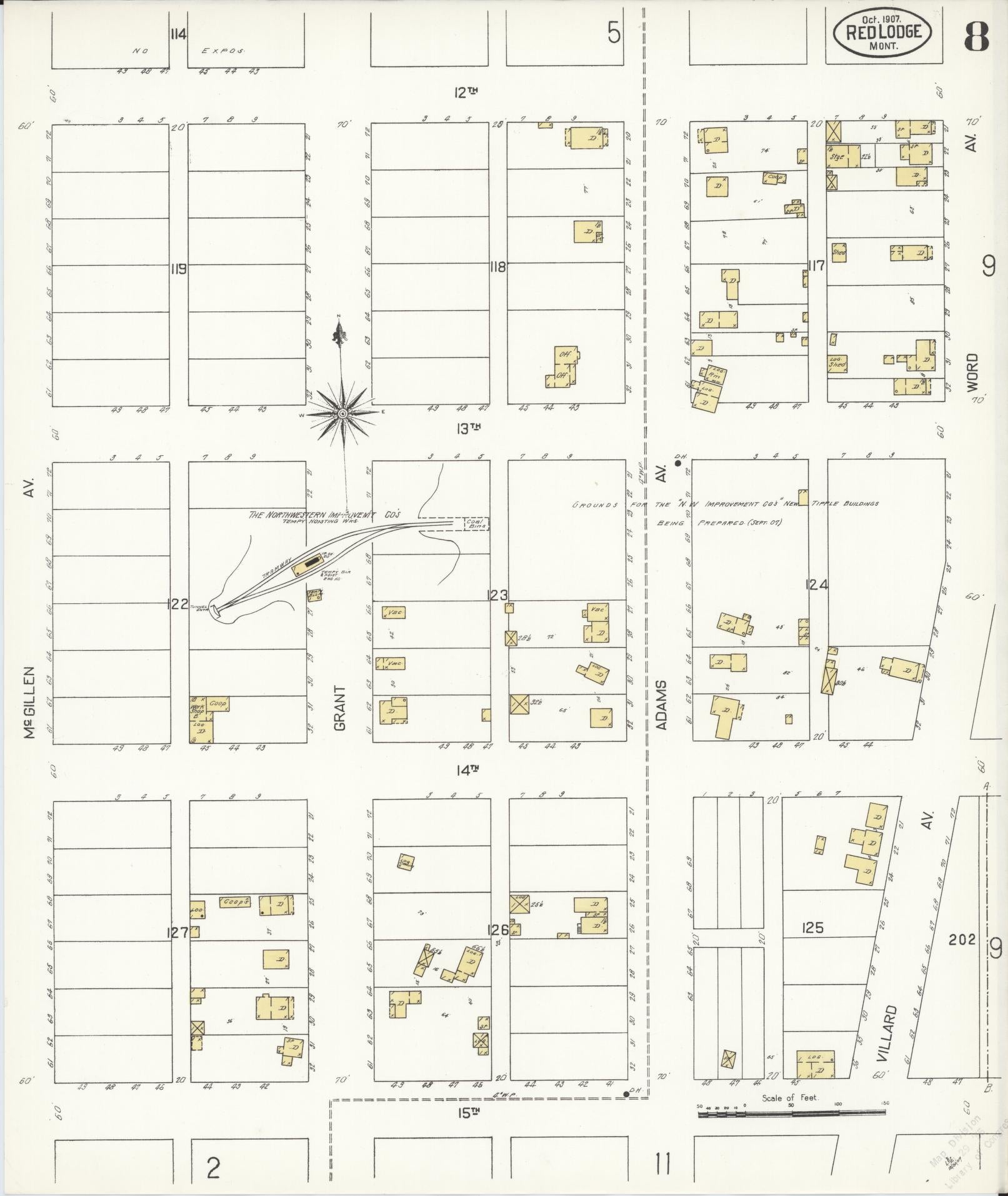 Sanborn Fire Insurance Map from Red Lodge, Carbon County, Montana (1907), Sheet #0008 - Complete Map Set gallery image, historic Sanborn map, vintage wall art, Montana Montana