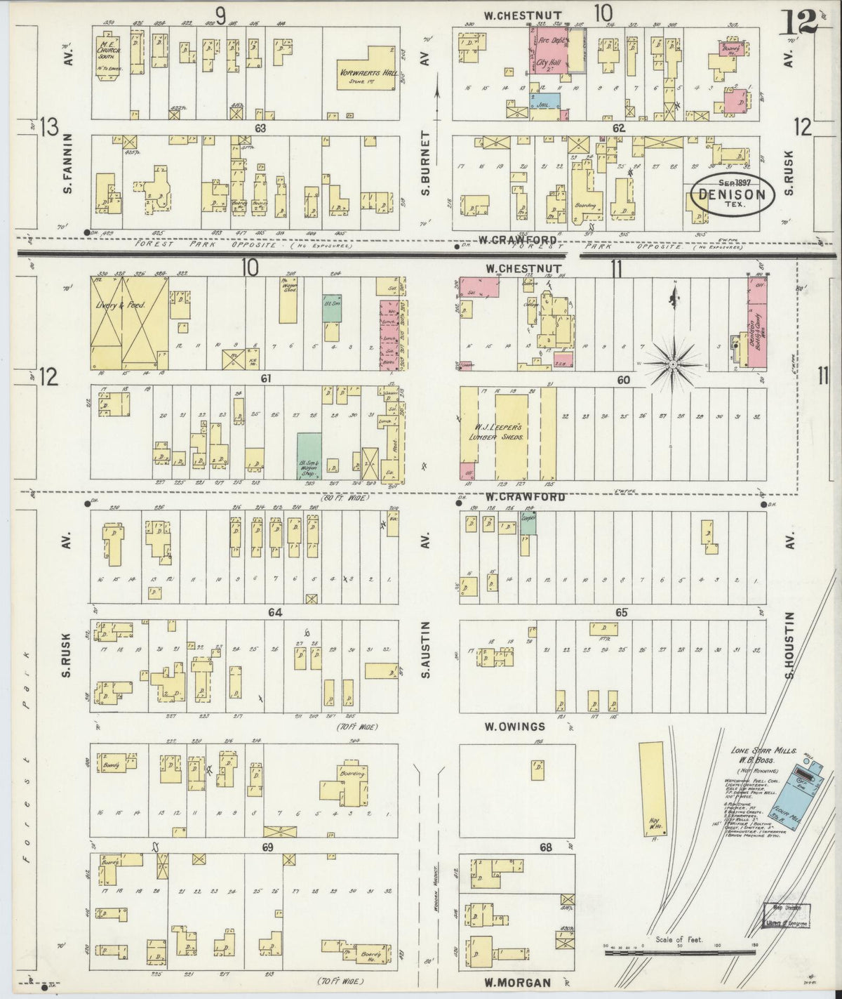 Sanborn Fire Insurance Map from Denison, Grayson County, Texas (1897), Sheet #0012 - Historic Sanborn Fire Insurance Map Print, vintage old map wall art, antique decor, genealogy gift, Texas Texas map
