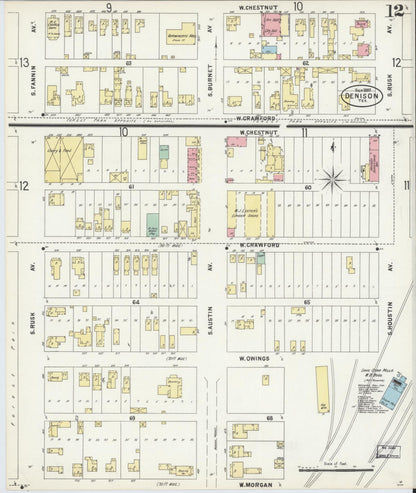 Sanborn Fire Insurance Map from Denison, Grayson County, Texas (1897), Sheet #0012 - Historic Sanborn Fire Insurance Map Print, vintage old map wall art, antique decor, genealogy gift, Texas Texas map