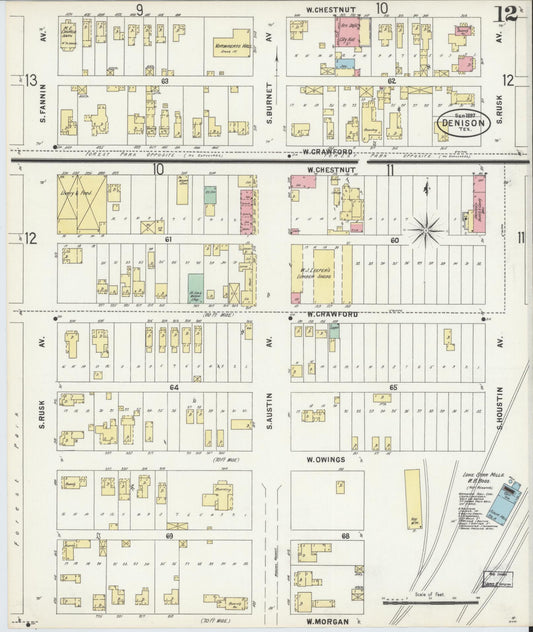 Sanborn Fire Insurance Map from Denison, Grayson County, Texas (1897), Sheet #0012 - Historic Sanborn Fire Insurance Map Print, vintage old map wall art, antique decor, genealogy gift, Texas Texas map