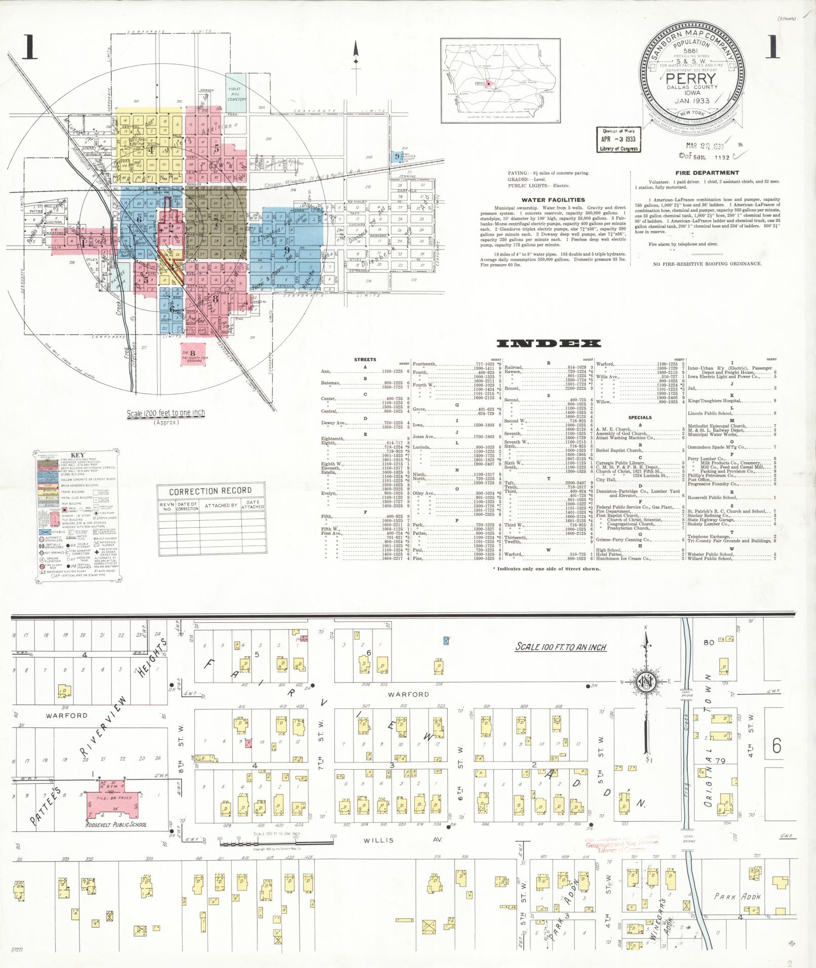 Sanborn Fire Insurance Map from Perry, Dallas County, Iowa (1933), Sheet #0001 - Historic Sanborn Fire Insurance Map Print, vintage old map wall art