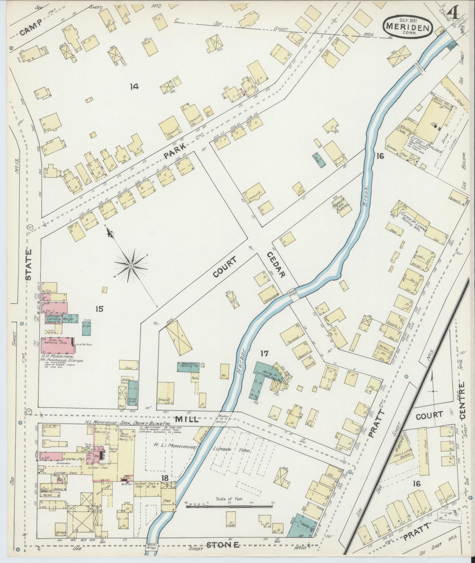 Sanborn Fire Insurance Map from Meriden, New Haven County, Connecticut (1891), Sheet #0004 - Complete Map Set gallery image, historic Sanborn map, vintage wall art, Connecticut Connecticut