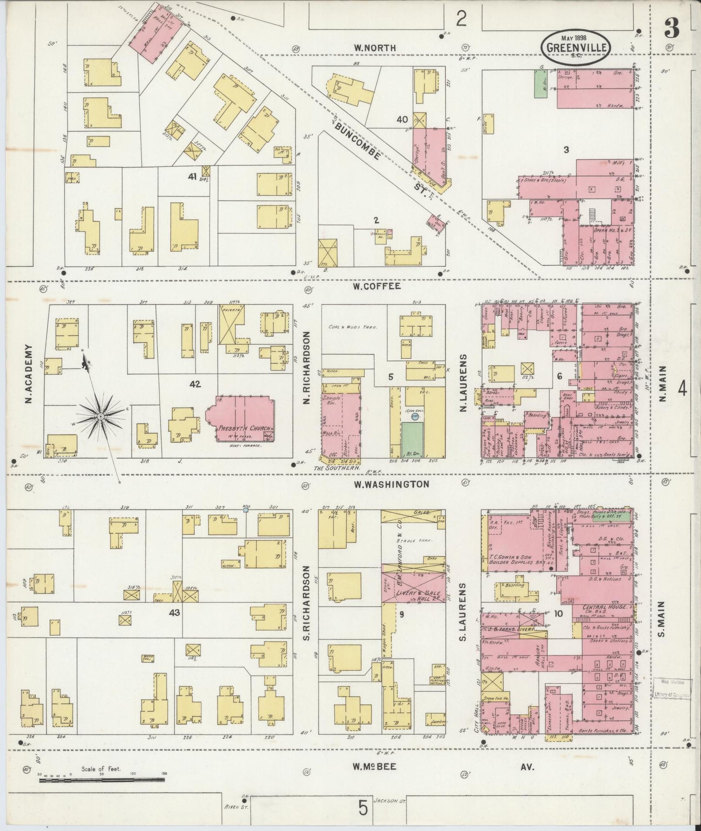 Sanborn Fire Insurance Map from Greenville, Greenville County, South Carolina (1898), Sheet #0003 - Complete Map Set gallery image, historic Sanborn map, vintage wall art, South Carolina South Carolina