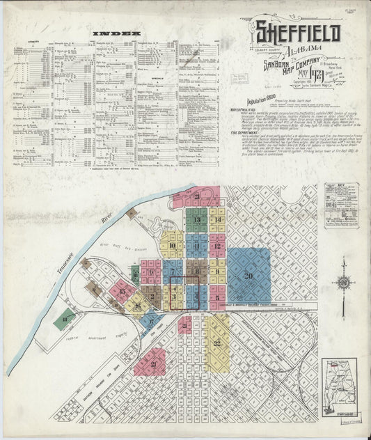 Sanborn Fire Insurance Map from Sheffield, Colbert County, Alabama (1921), Sheet #0001 - Complete Map Set gallery image, historic Sanborn map, vintage wall art, Alabama Alabama