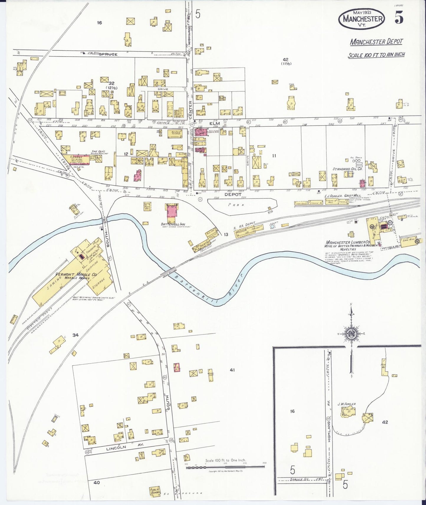 Sanborn Fire Insurance Map from Manchester, Bennington County, Vermont (1921), Sheet #0005 - Complete Map Set gallery image, historic Sanborn map, vintage wall art, Vermont Vermont