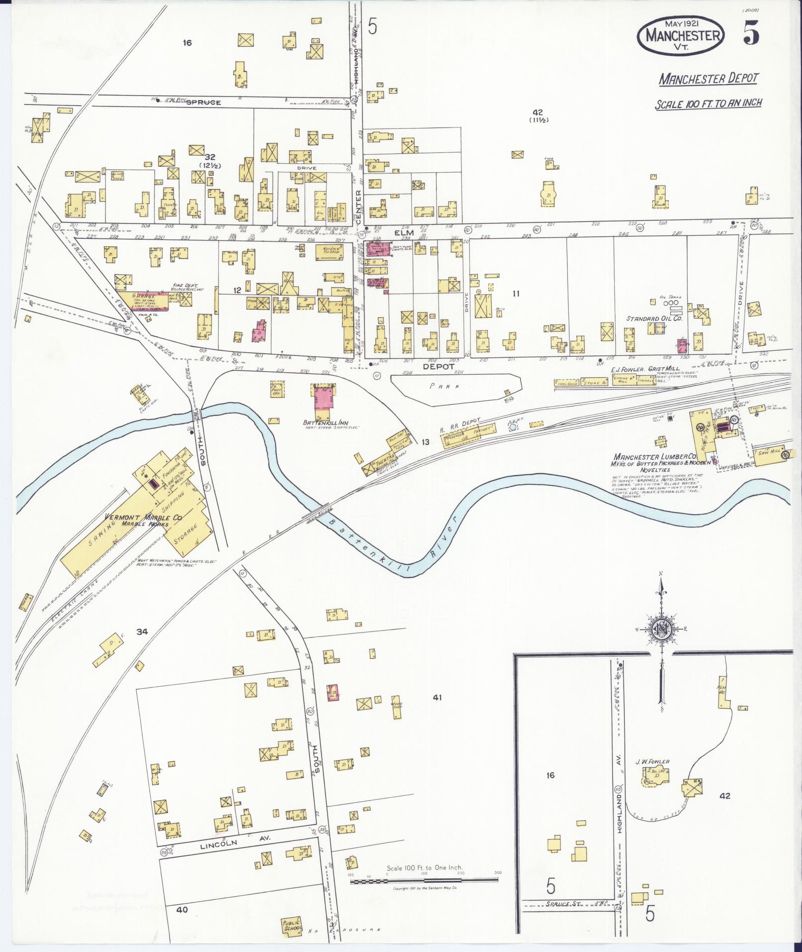 Sanborn Fire Insurance Map from Manchester, Bennington County, Vermont (1921), Sheet #0005 - Complete Map Set gallery image, historic Sanborn map, vintage wall art, Vermont Vermont