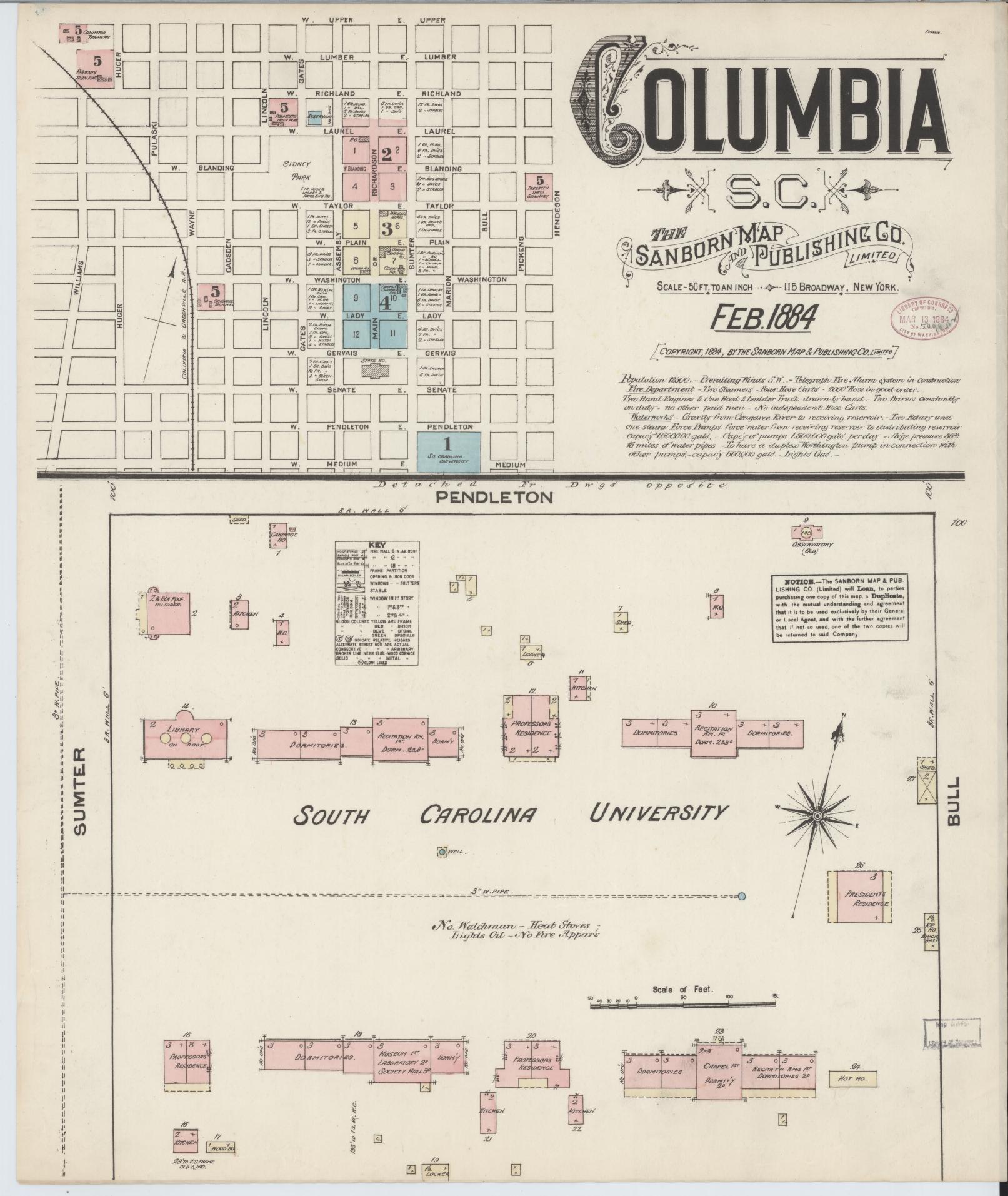 Sanborn Fire Insurance Map from Columbia, Richland County, South Carolina (1884), Sheet #0001 - Complete Map Set gallery image, historic Sanborn map, vintage wall art, South Carolina South Carolina