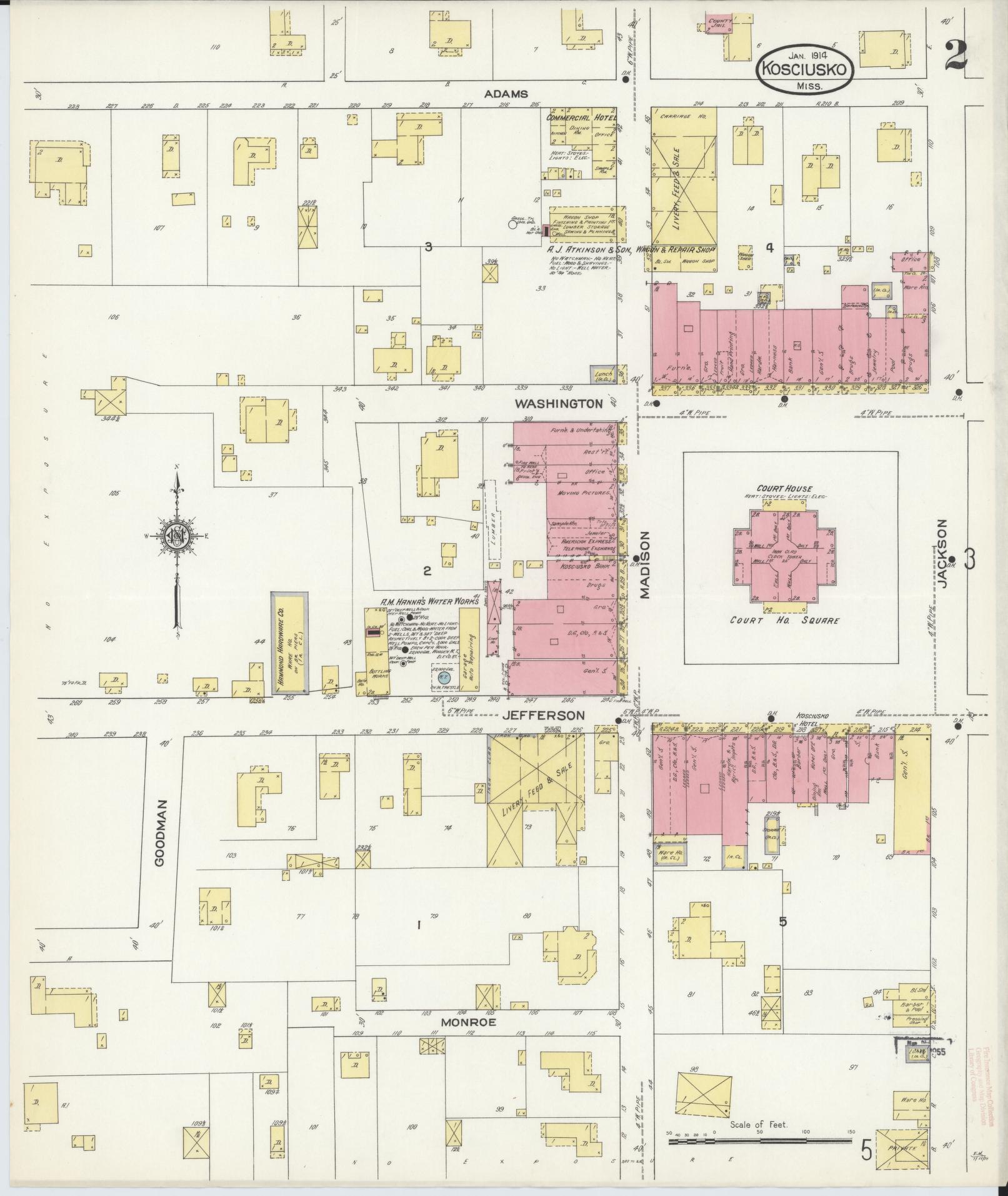 Sanborn Fire Insurance Map from Kosciusko, Attala County, Mississippi (1914), Sheet #0002 - Complete Map Set gallery image, historic Sanborn map, vintage wall art, Mississippi Mississippi
