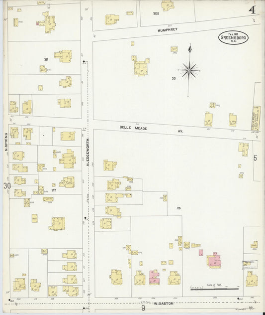 Sanborn Fire Insurance Map from Greensboro, Guilford County, North Carolina (1907), Sheet #0004 - Historic Sanborn Fire Insurance Map Print, vintage old map wall art, antique decor, genealogy gift, North Carolina North Carolina map