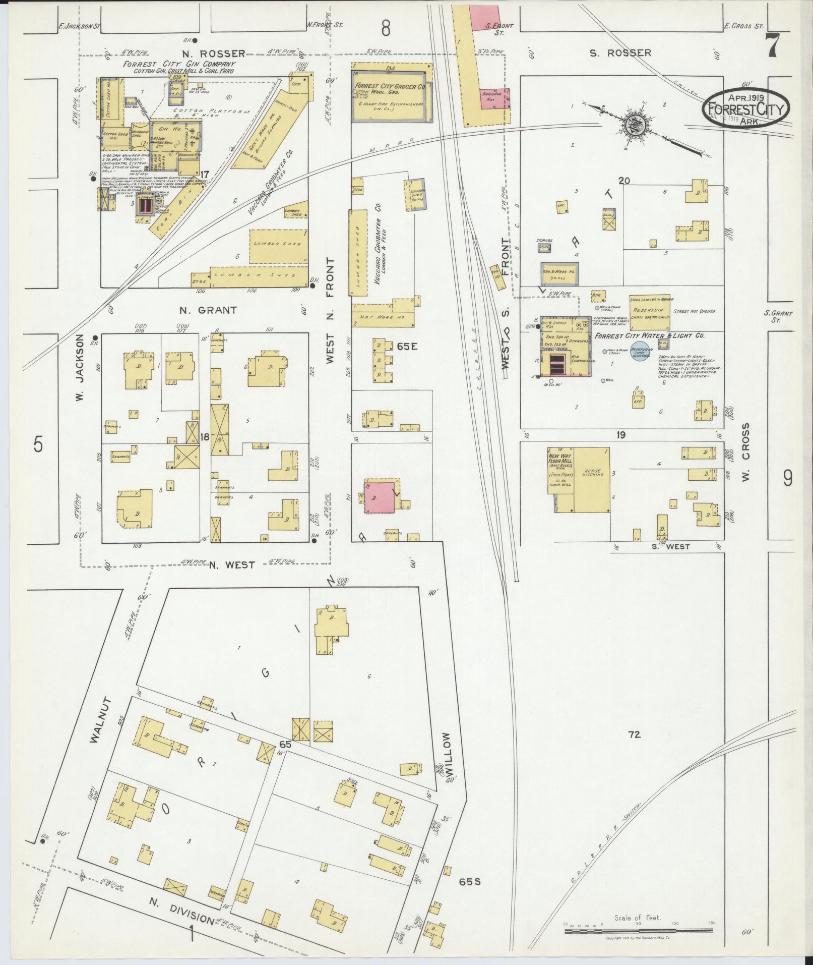 Sanborn Fire Insurance Map from Forrest City, Saint Francis County, Arkansas (1919), Sheet #0007 - Historic Sanborn Fire Insurance Map Print, vintage old map wall art, antique decor, genealogy gift, Arkansas Arkansas map