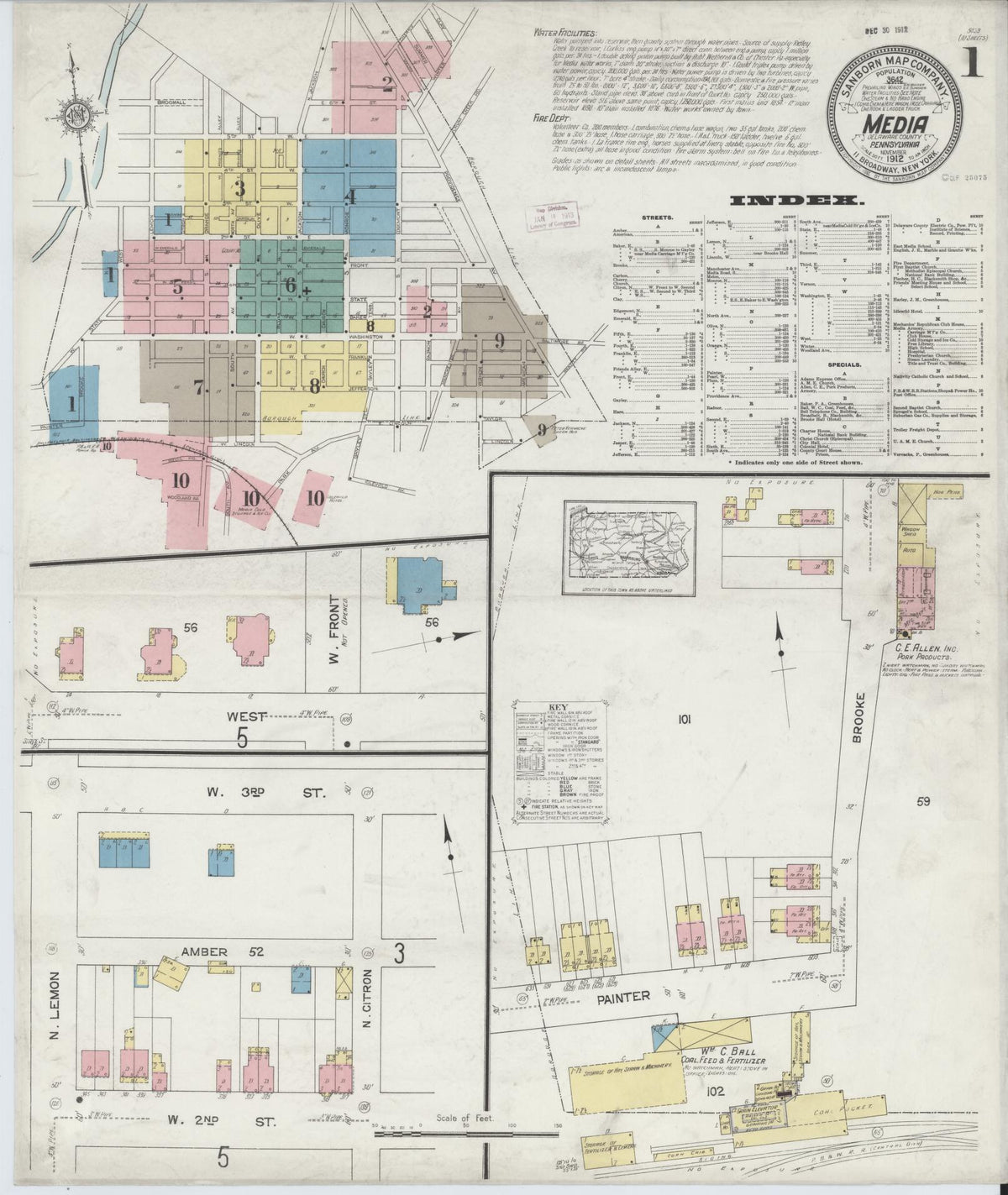 Sanborn Fire Insurance Map from Media, Delaware County, Pennsylvania (1912), Sheet #0001 - Historic Sanborn Fire Insurance Map Print, vintage old map wall art, antique decor, genealogy gift, Pennsylvania Pennsylvania map