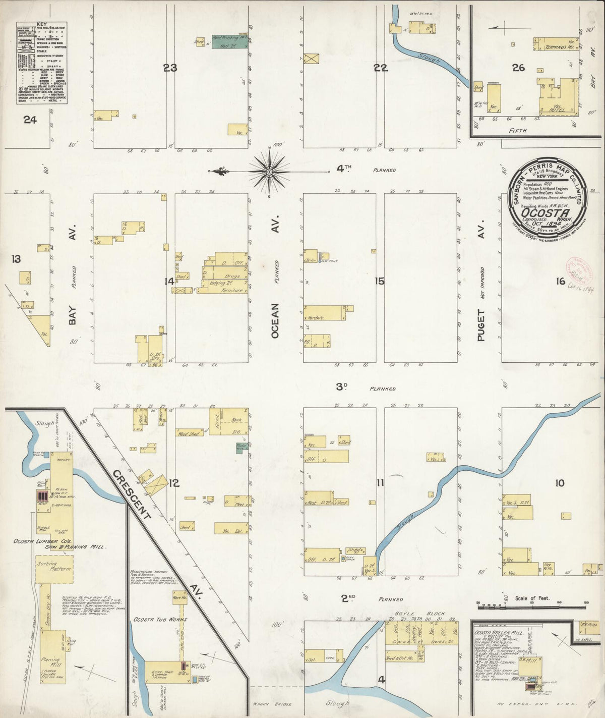 Sanborn Fire Insurance Map from Ocosta, Grays Harbor County, Washington (1894), Sheet #0001 - Historic Sanborn Fire Insurance Map Print, vintage old map wall art, antique decor, genealogy gift, Washington Washington map