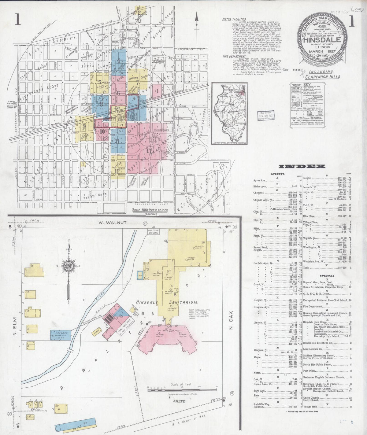 Sanborn Fire Insurance Map from Hinsdale, Du Page And Cook Counties, Illinois (1927), Sheet #0001 - Complete Map Set gallery image, historic Sanborn map, vintage wall art, Illinois Illinois