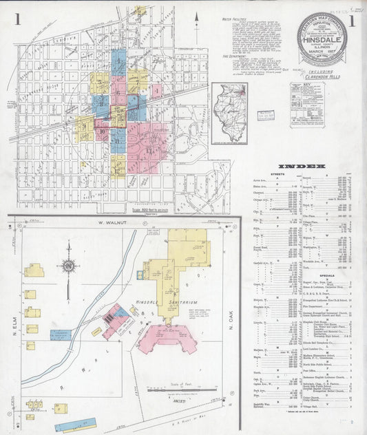 Sanborn Fire Insurance Map from Hinsdale, Du Page And Cook Counties, Illinois (1927), Sheet #0001 - Complete Map Set gallery image, historic Sanborn map, vintage wall art, Illinois Illinois