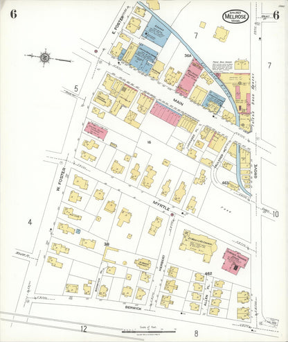 Sanborn Fire Insurance Map from Melrose, Middlesex County, Massachusetts (1923), Sheet #0006 - Historic Sanborn Fire Insurance Map Print, vintage old map wall art, antique decor, genealogy gift, Massachusetts Massachusetts map