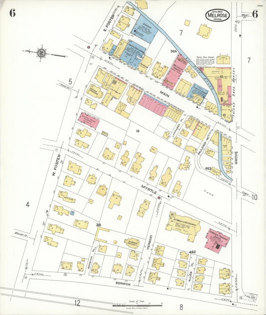 Sanborn Fire Insurance Map from Melrose, Middlesex County, Massachusetts (1923), Sheet #0006 - Historic Sanborn Fire Insurance Map Print, vintage old map wall art, antique decor, genealogy gift, Massachusetts Massachusetts map