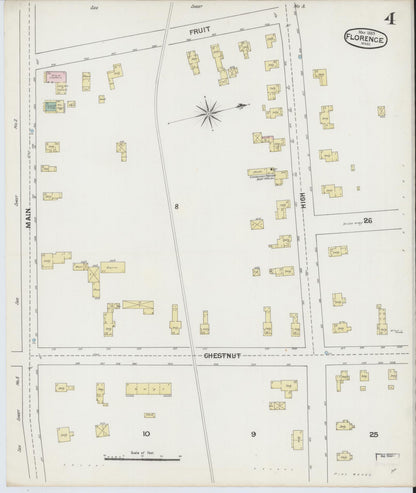 Sanborn Fire Insurance Map from Florence, Hampshire County, Massachusetts (1889), Sheet #0004 - Historic Sanborn Fire Insurance Map Print, vintage old map wall art, antique decor, genealogy gift, Massachusetts Massachusetts map