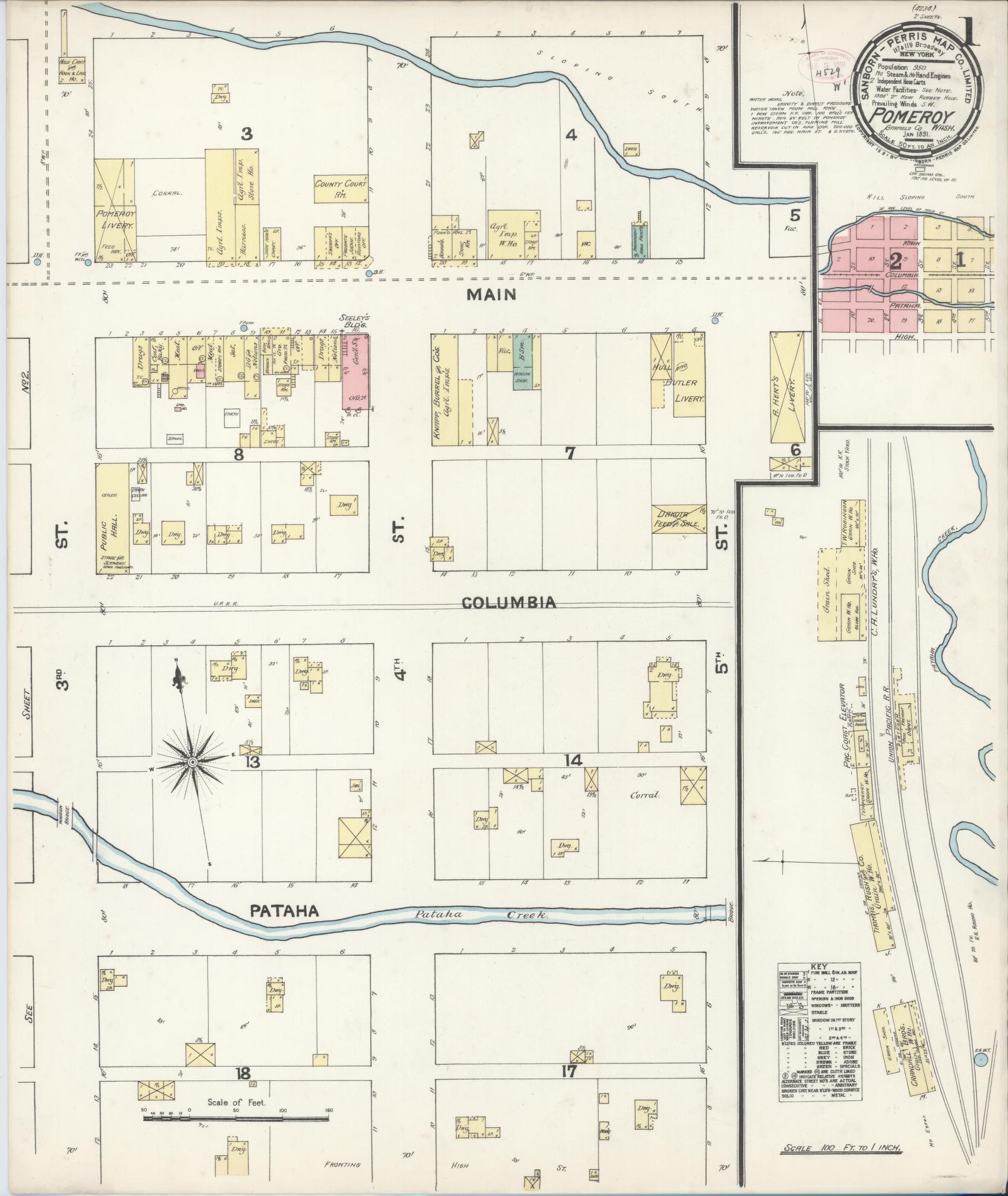 Sanborn Fire Insurance Map from Pomeroy, Garfield County, Washington (1891), Sheet #0001 - Historic Sanborn Fire Insurance Map Print, vintage old map wall art, antique decor, genealogy gift, Washington Washington map