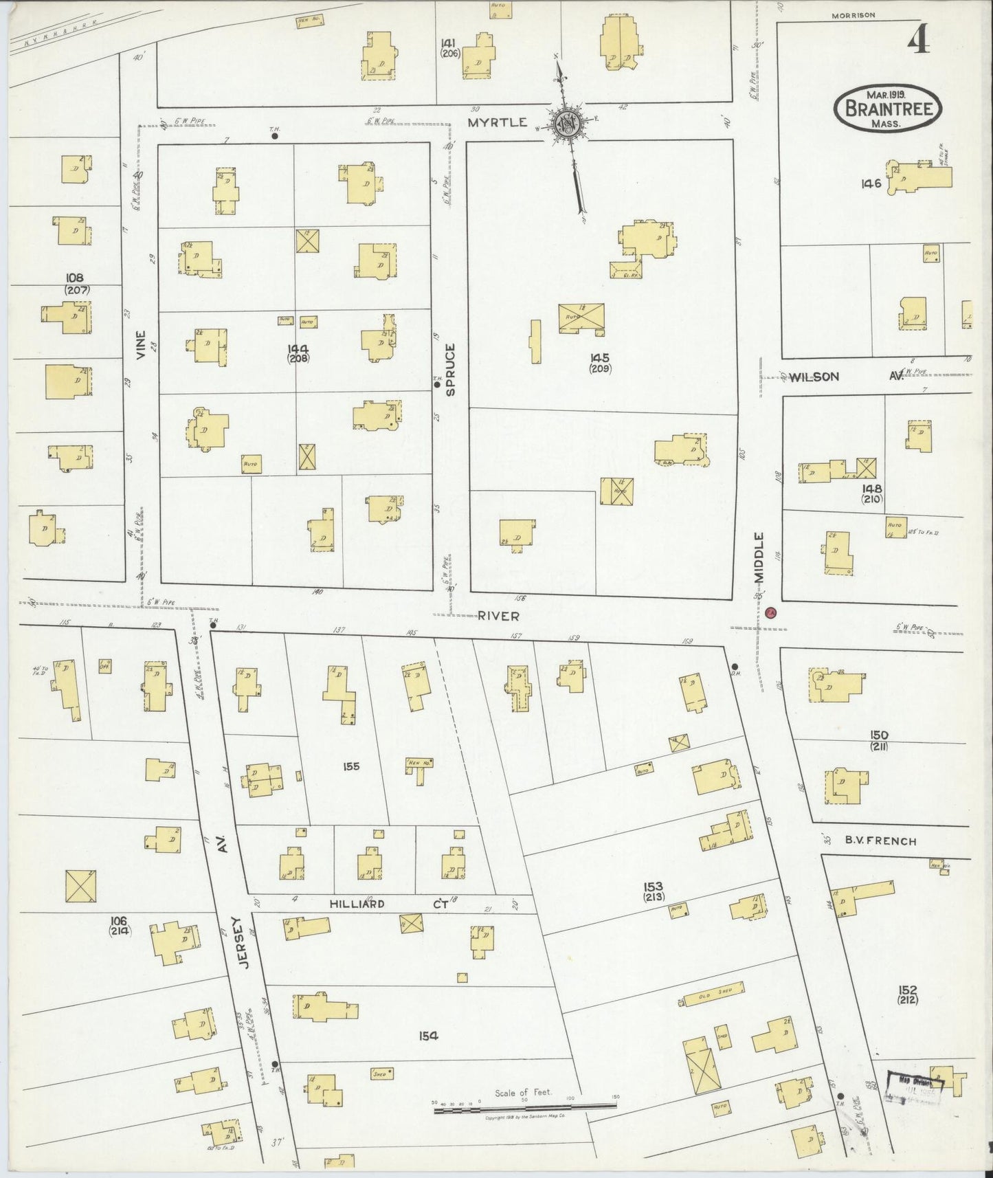 Sanborn Fire Insurance Map from Braintree, Norfolk County, Massachusetts (1919), Sheet #0004 - Complete Map Set gallery image, historic Sanborn map, vintage wall art, Massachusetts Massachusetts