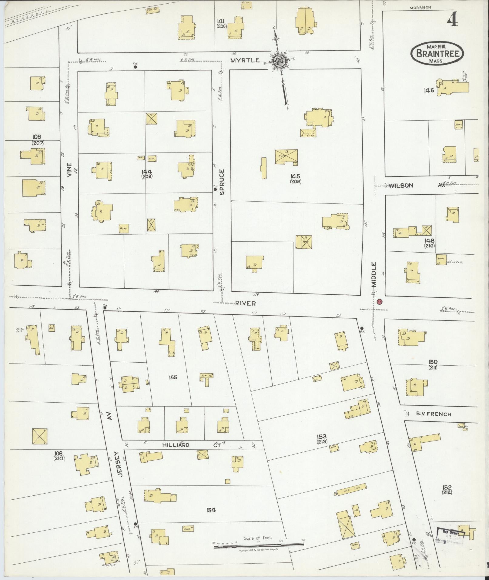 Sanborn Fire Insurance Map from Braintree, Norfolk County, Massachusetts (1919), Sheet #0004 - Complete Map Set gallery image, historic Sanborn map, vintage wall art, Massachusetts Massachusetts