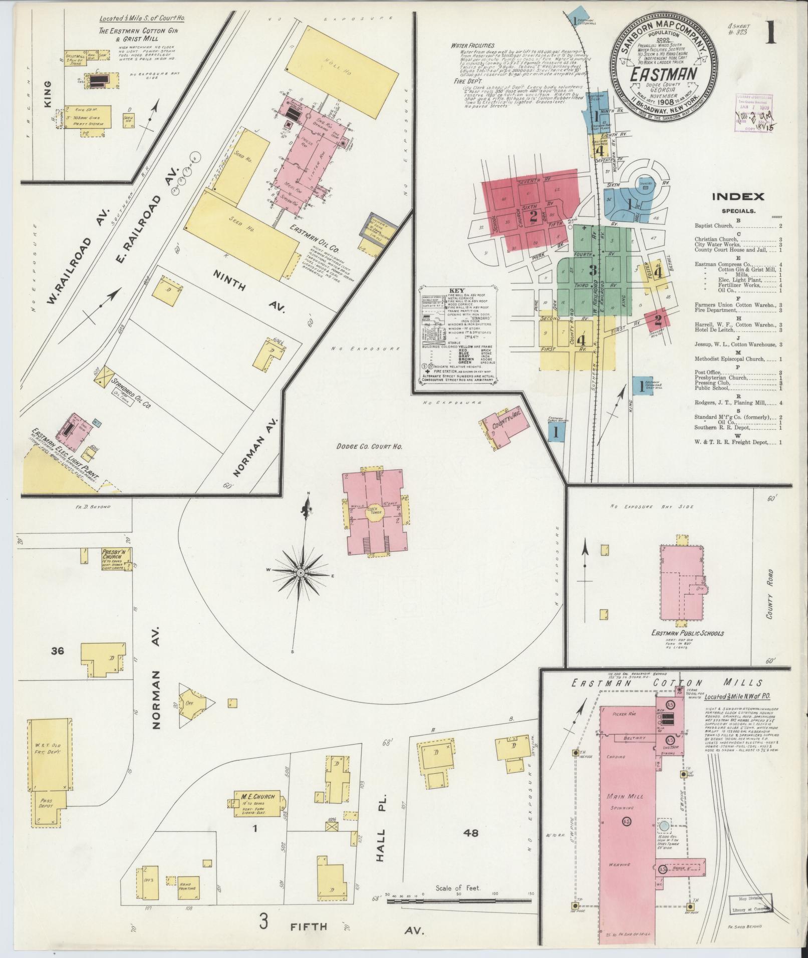 Sanborn Fire Insurance Map from Eastman, Dodge County, Georgia (1908), Sheet #0001 - Complete Map Set gallery image, historic Sanborn map, vintage wall art, Georgia Georgia