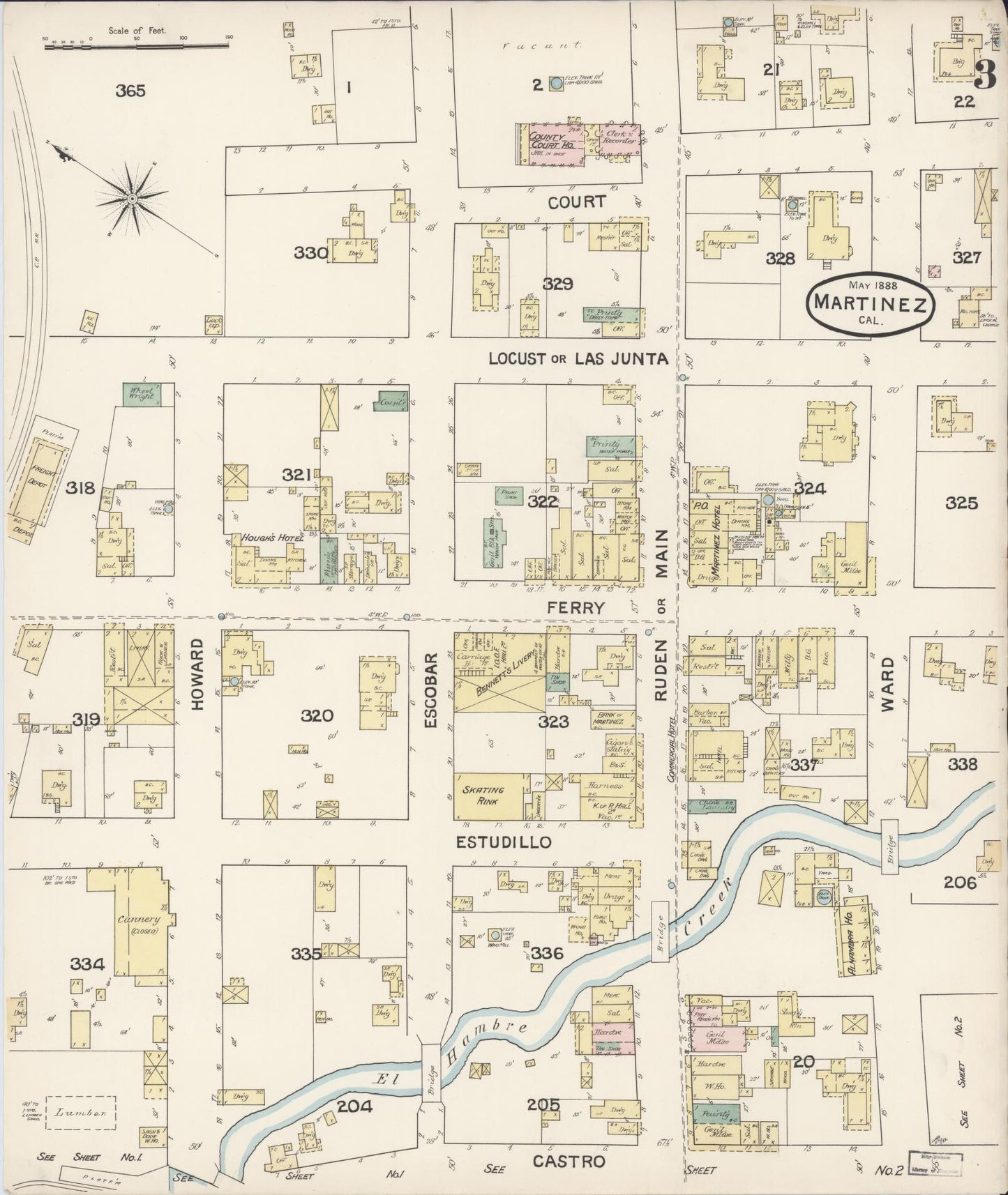 Sanborn Fire Insurance Map from Martinez, Contra Costa County, California (1888), Sheet #0003 - Historic Sanborn Fire Insurance Map Print, vintage old map wall art, antique decor, genealogy gift, California California map