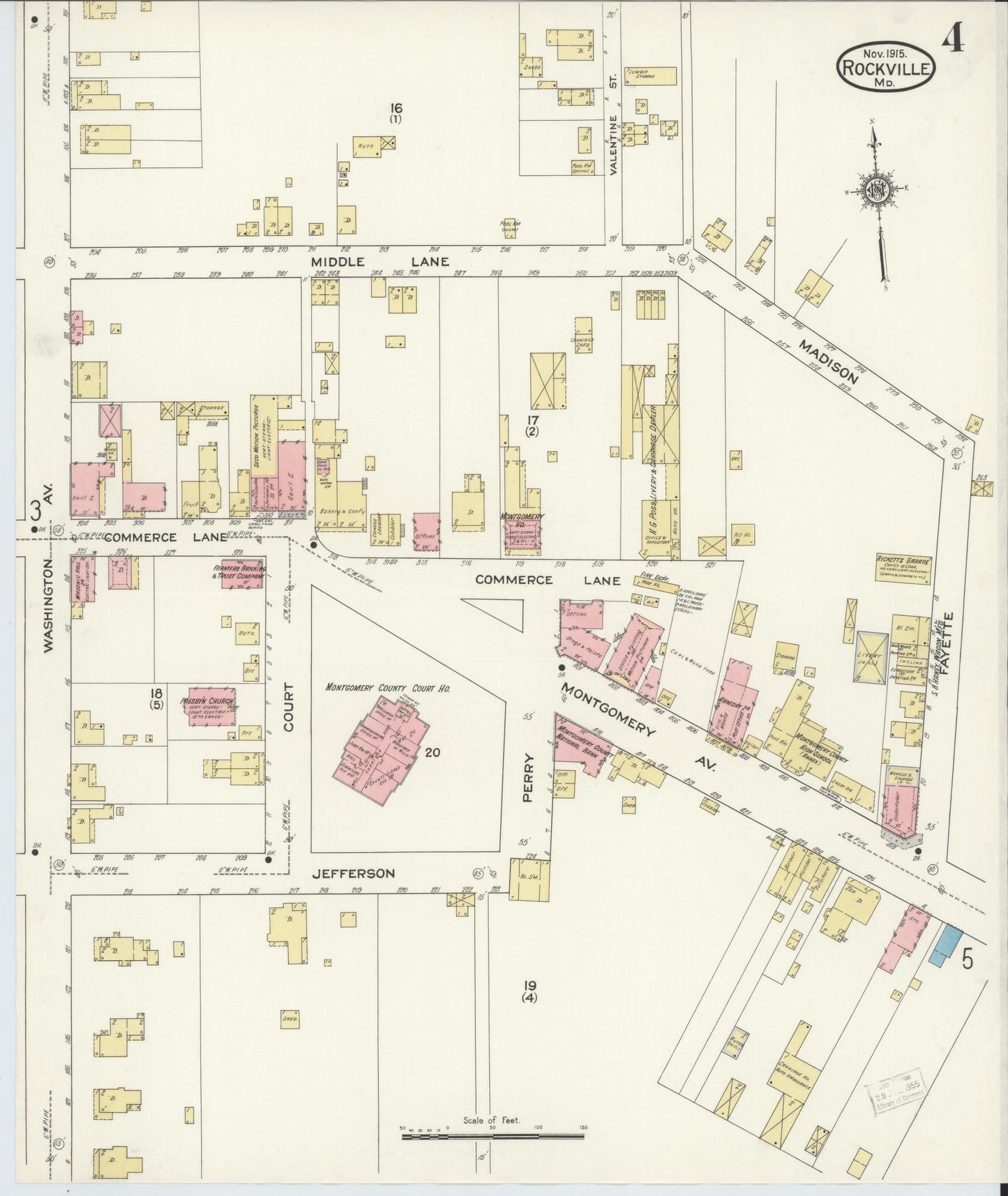 Sanborn Fire Insurance Map from Rockville, Montgomery County, Maryland (1915), Sheet #0004 - Historic Sanborn Fire Insurance Map Print, vintage old map wall art