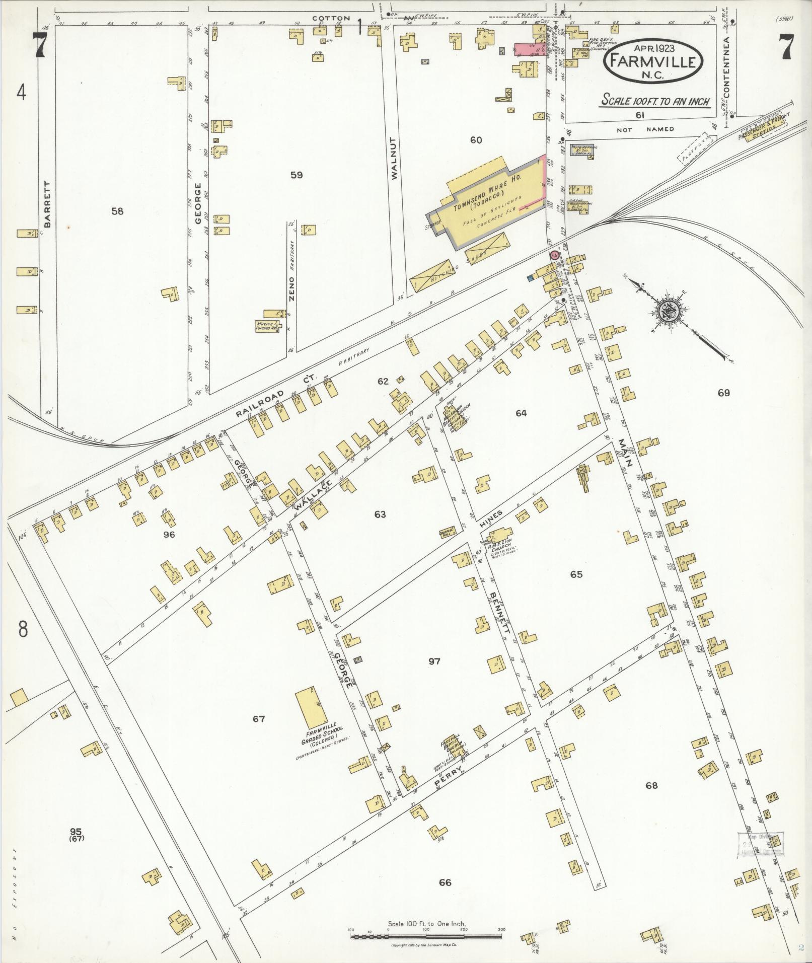 Sanborn Fire Insurance Map from Farmville, Pitt County, North Carolina (1923), Sheet #0007 - Complete Map Set gallery image, historic Sanborn map, vintage wall art, North Carolina North Carolina