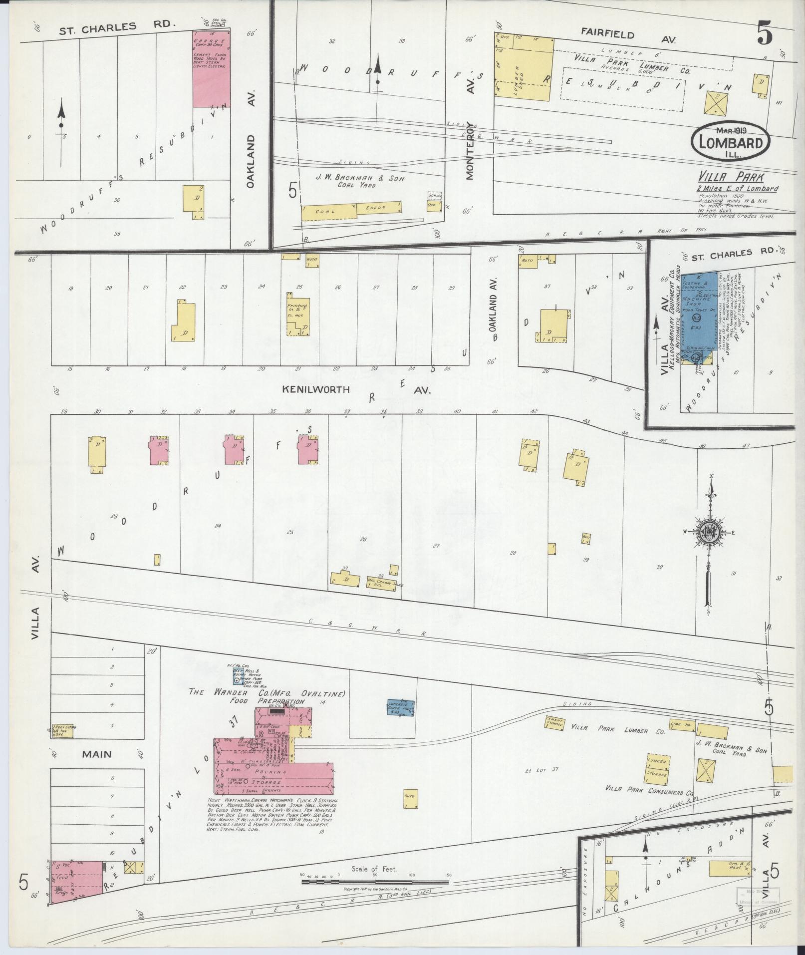 Sanborn Fire Insurance Map from Lombard, Du Page County, Illinois (1919), Sheet #0005 - Historic Sanborn Fire Insurance Map Print, vintage old map wall art, antique decor, genealogy gift, Illinois Illinois map