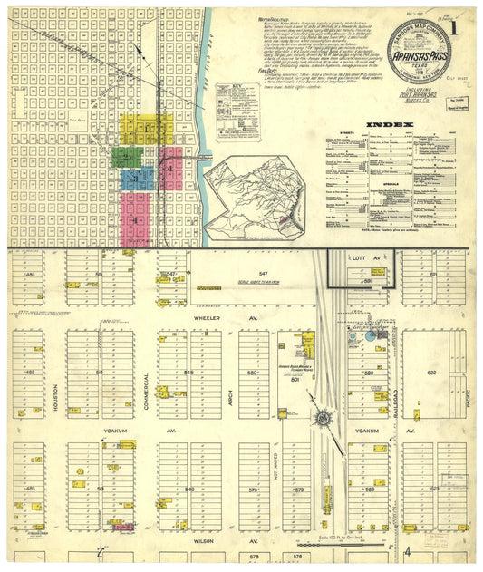 Sanborn Fire Insurance Map from Aransas Pass, San Patricio County, Texas (1915), Sheet #0001 - Historic Sanborn Fire Insurance Map Print, vintage old map wall art, antique decor, genealogy gift, Texas Texas map
