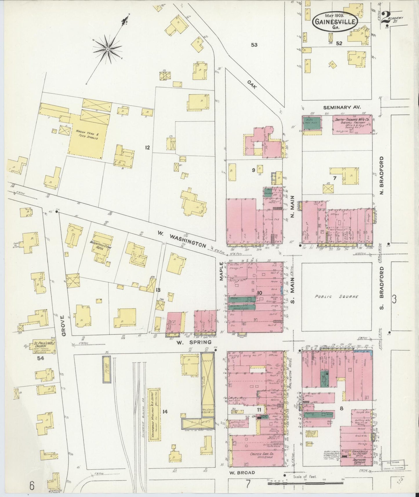 Sanborn Fire Insurance Map from Gainesville, Hall County, Georgia (1909), Sheet #0002 - Historic Sanborn Fire Insurance Map Print, vintage old map wall art, antique decor, genealogy gift, Georgia Georgia map
