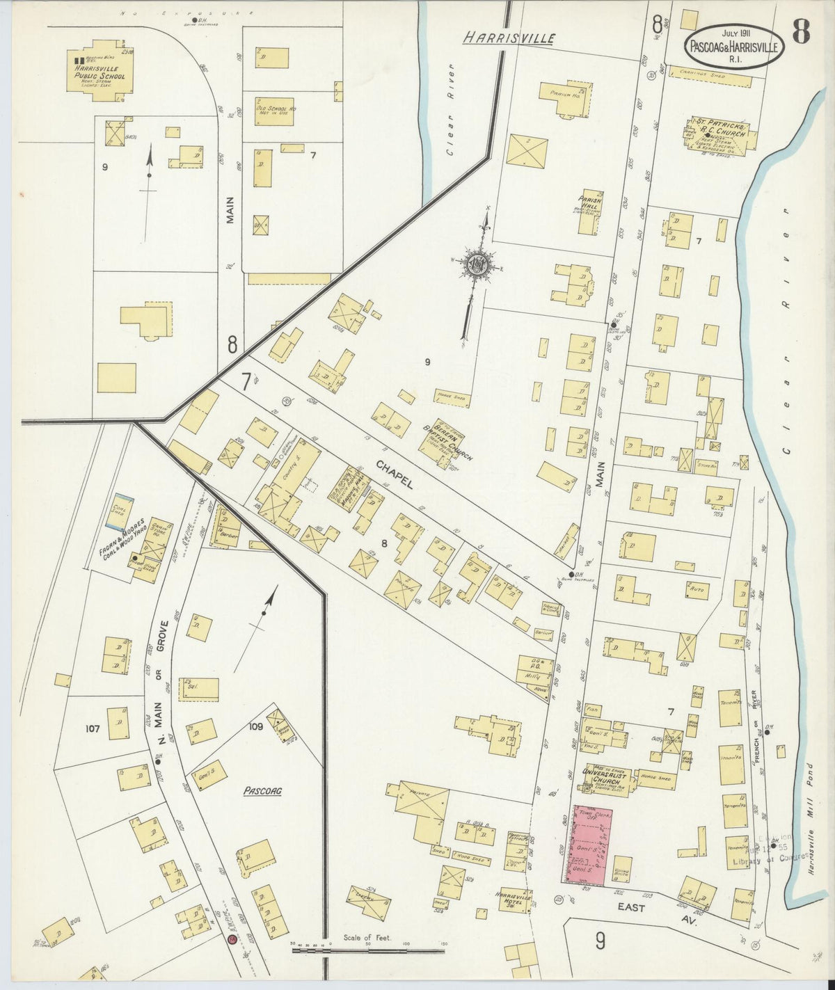 Sanborn Fire Insurance Map from Pascoag, Providence County, Rhode Island (1911), Sheet #0008 - Historic Sanborn Fire Insurance Map Print, vintage old map wall art, antique decor, genealogy gift, Rhode Island Rhode Island map