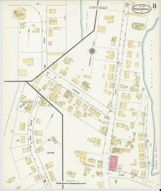 Sanborn Fire Insurance Map from Pascoag, Providence County, Rhode Island (1911), Sheet #0008 - Historic Sanborn Fire Insurance Map Print, vintage old map wall art, antique decor, genealogy gift, Rhode Island Rhode Island map