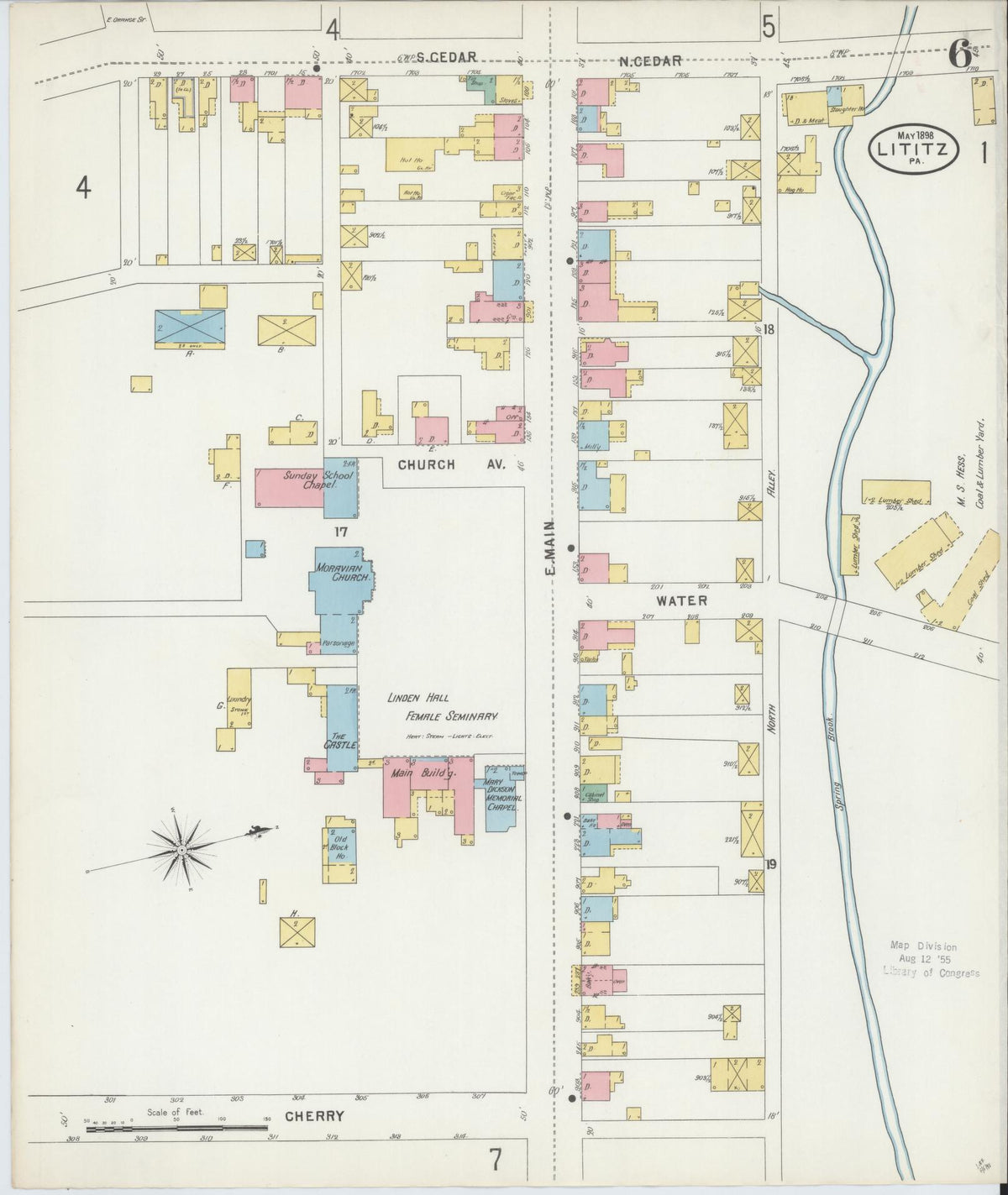 Sanborn Fire Insurance Map from Lititz, Lancaster County, Pennsylvania (1898), Sheet #0006 - Historic Sanborn Fire Insurance Map Print, vintage old map wall art, antique decor, genealogy gift, Pennsylvania Pennsylvania map