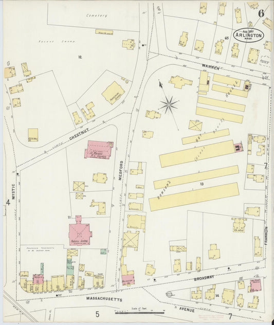 Sanborn Fire Insurance Map from Arlington, Middlesex County, Massachusetts (1897), Sheet #0006 - Historic Sanborn Fire Insurance Map Print, vintage old map wall art, antique decor, genealogy gift, Massachusetts Massachusetts map