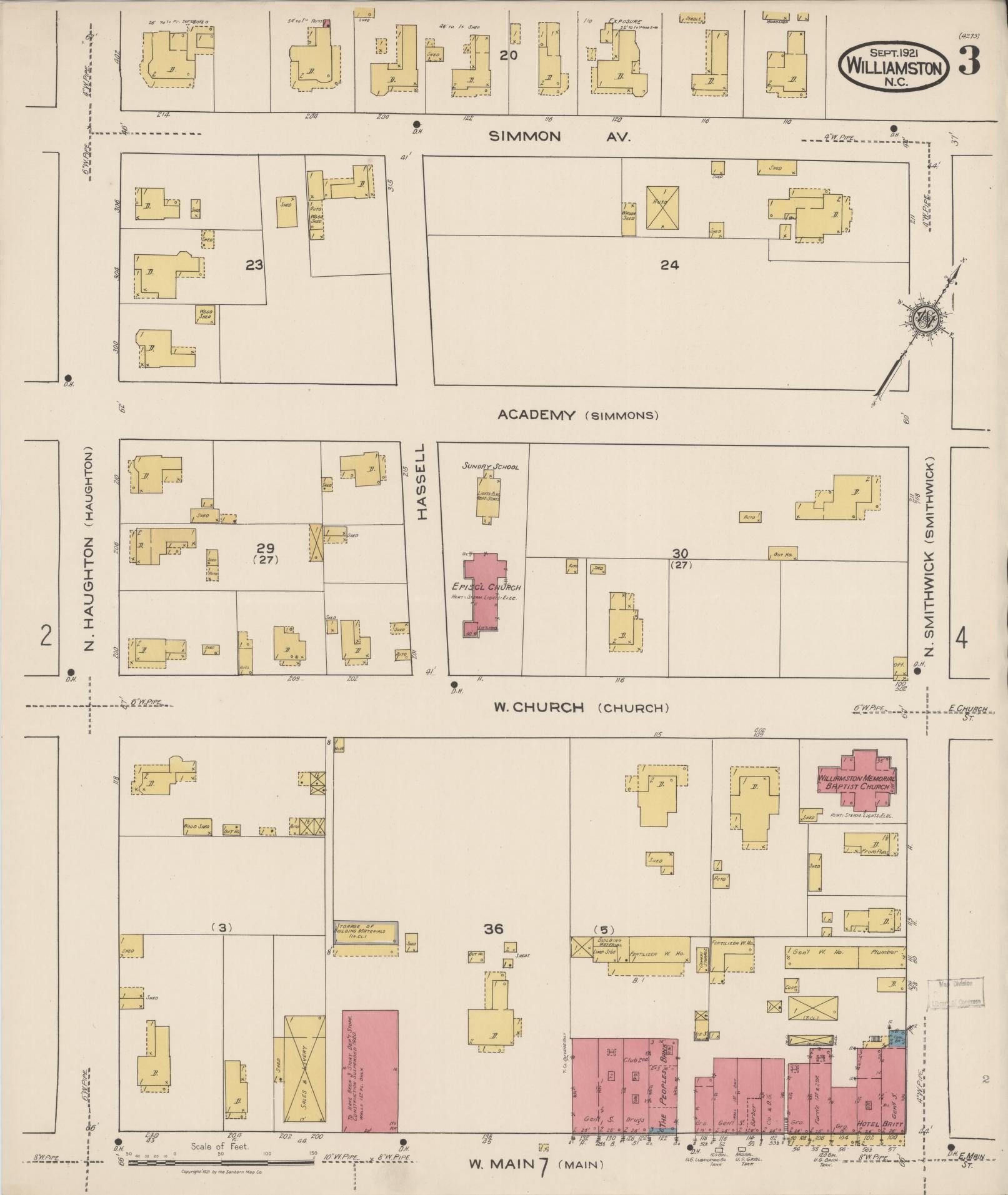 Sanborn Fire Insurance Map from Williamston, Martin County, North Carolina (1921), Sheet #0003 - Complete Map Set gallery image, historic Sanborn map, vintage wall art, North Carolina North Carolina