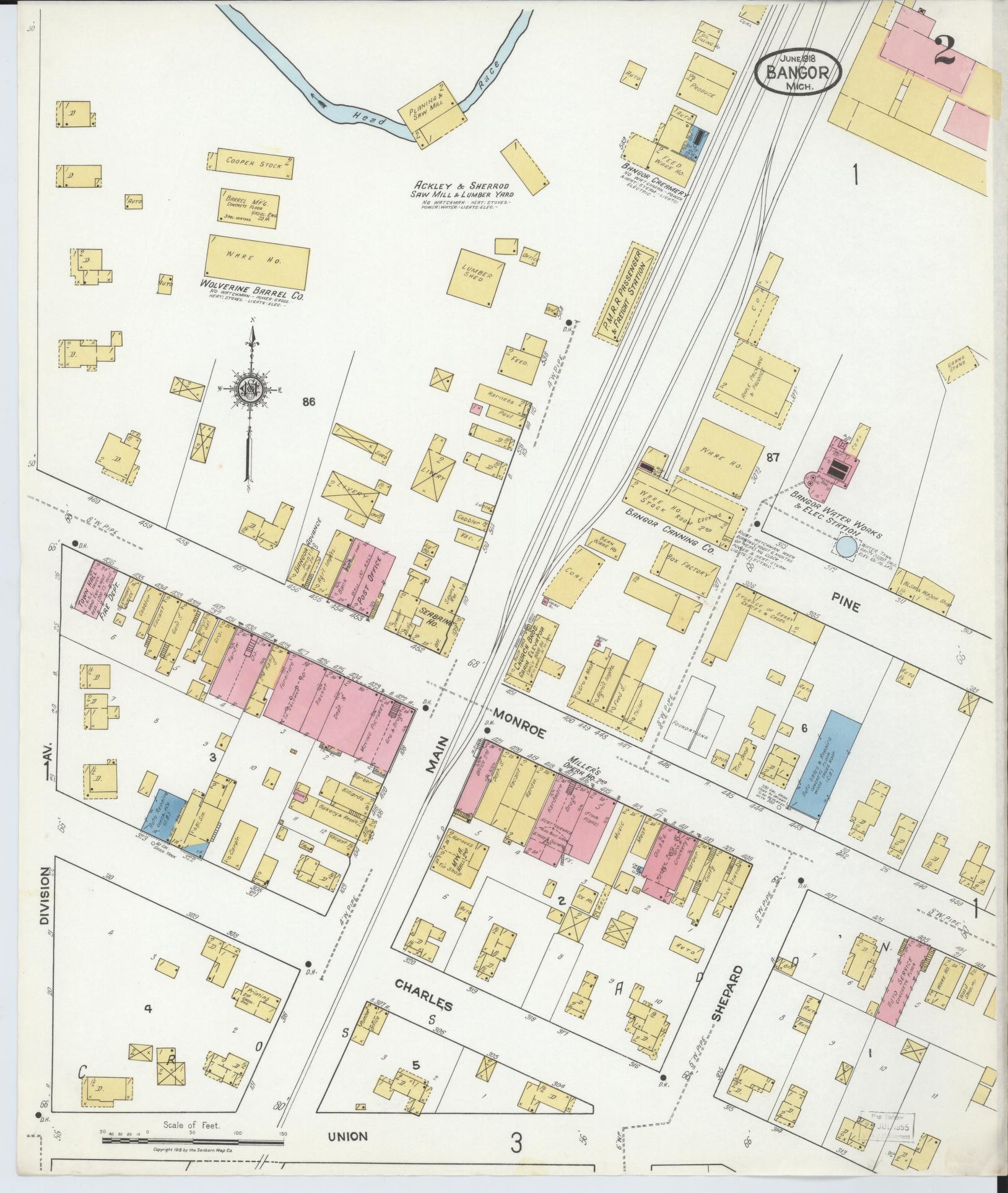 Sanborn Fire Insurance Map from Bangor, Van Buren County, Michigan (1918), Sheet #0002 - Historic Sanborn Fire Insurance Map Print, vintage old map wall art, antique decor, genealogy gift, Michigan Michigan map