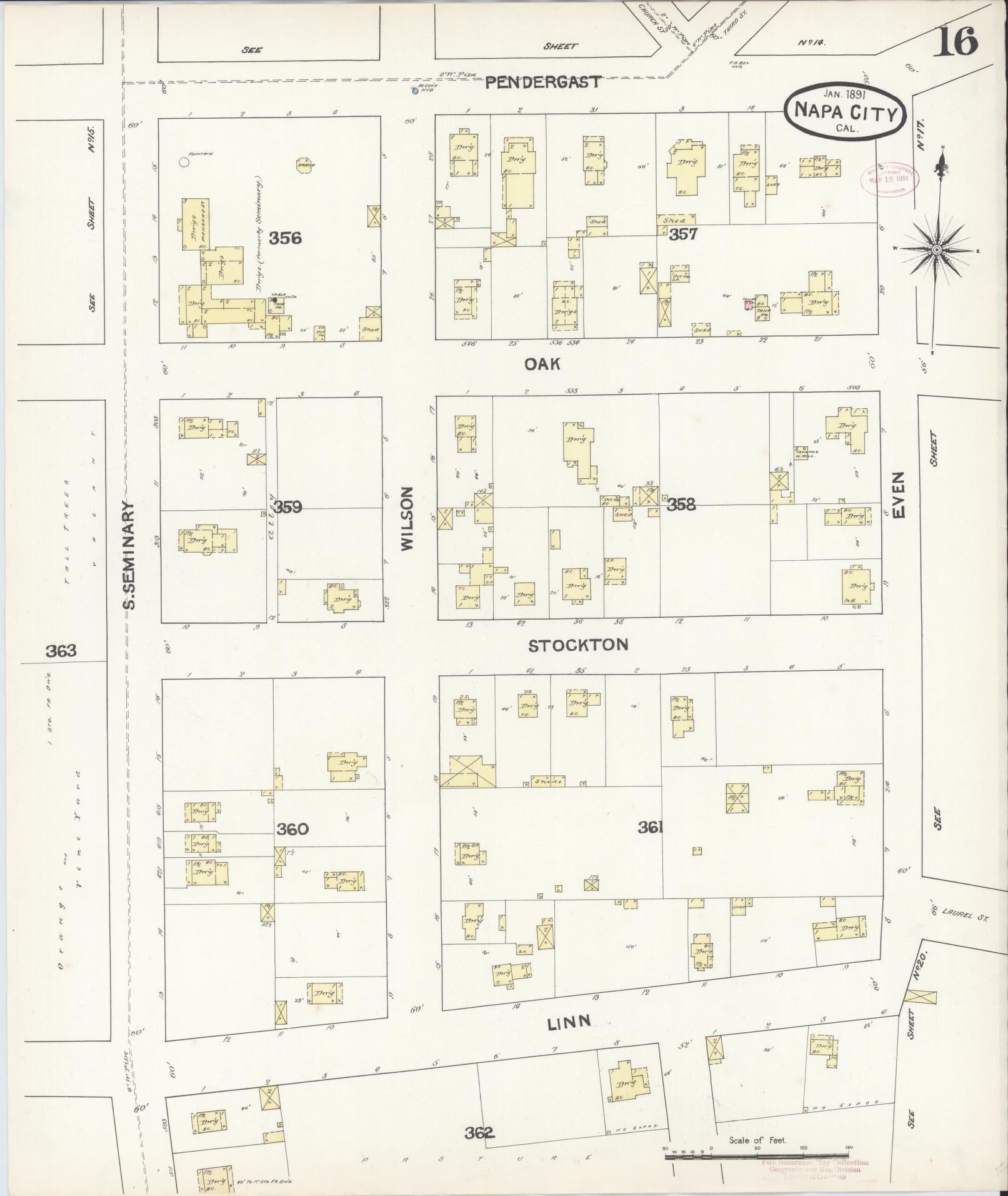 Sanborn Fire Insurance Map from Napa, Napa County, California (1891), Sheet #0016 - Historic Sanborn Fire Insurance Map Print, vintage old map wall art, antique decor, genealogy gift, California California map
