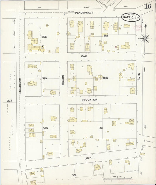 Sanborn Fire Insurance Map from Napa, Napa County, California (1891), Sheet #0016 - Historic Sanborn Fire Insurance Map Print, vintage old map wall art, antique decor, genealogy gift, California California map
