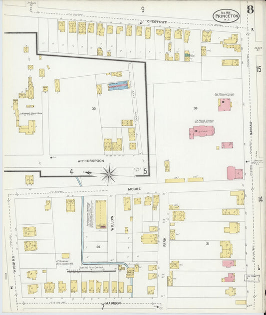Sanborn Fire Insurance Map from Princeton, Mercer County, New Jersey (1906), Sheet #0008 - Historic Sanborn Fire Insurance Map Print, vintage old map wall art, antique decor, genealogy gift, New Jersey New Jersey map