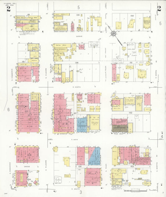 Sanborn Fire Insurance Map from Kilgore, Gregg County, Texas (1936), Sheet #0002 - Historic Sanborn Fire Insurance Map Print, vintage old map wall art, antique decor, genealogy gift, Texas Texas map