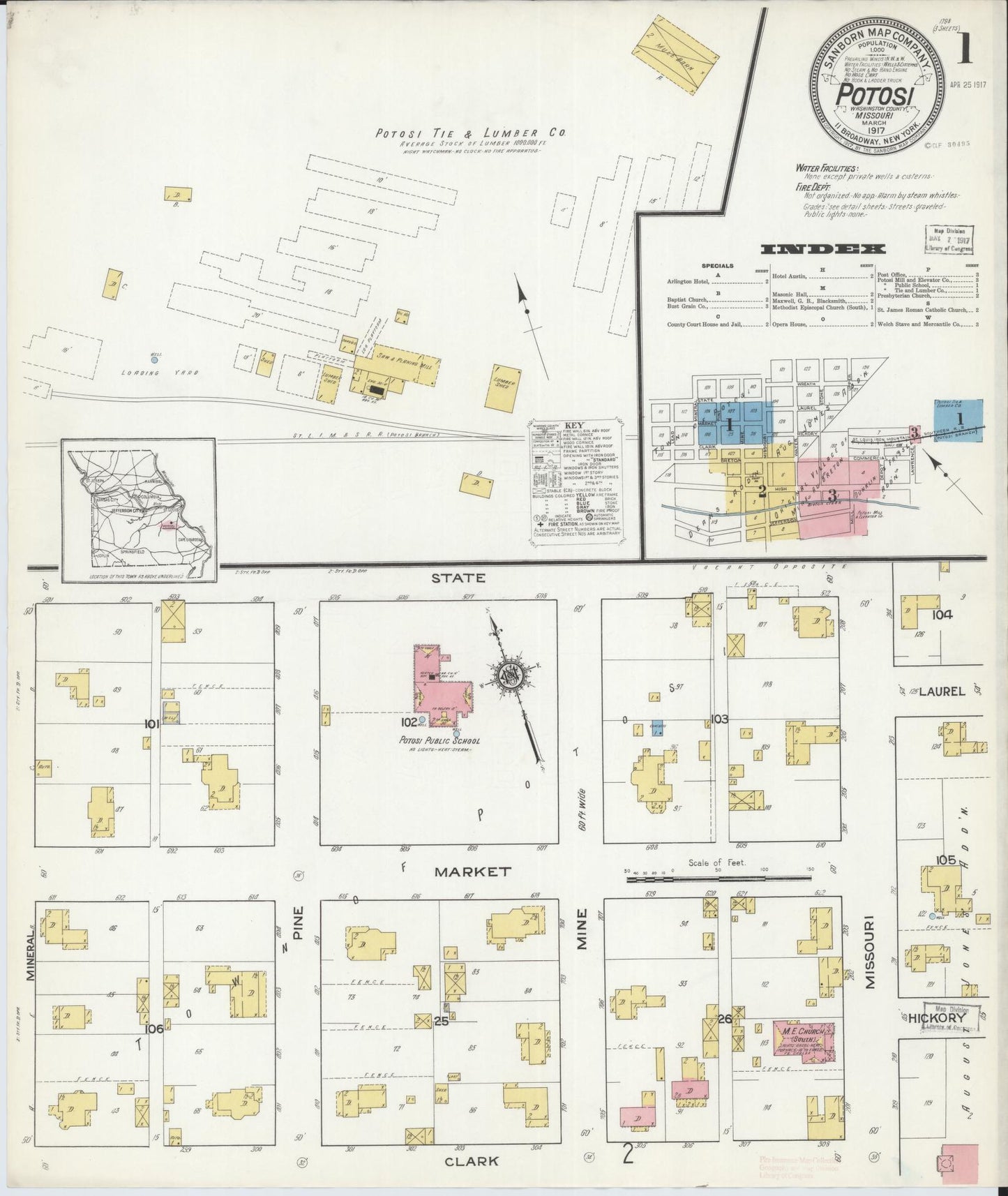 Sanborn Fire Insurance Map from Potosi, Washington County, Missouri (1917), Sheet #0001 - Complete Map Set gallery image, historic Sanborn map, vintage wall art, Missouri Missouri