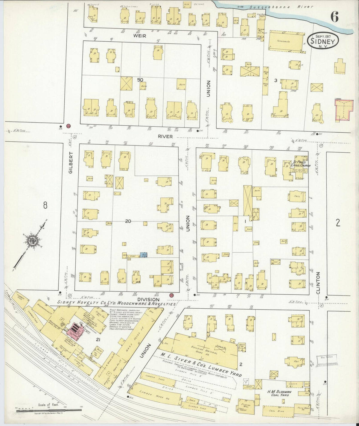 Sanborn Fire Insurance Map from Sidney, Delaware County, New York (1917), Sheet #0006 - Historic Sanborn Fire Insurance Map Print, vintage old map wall art, antique decor, genealogy gift, New York New York map