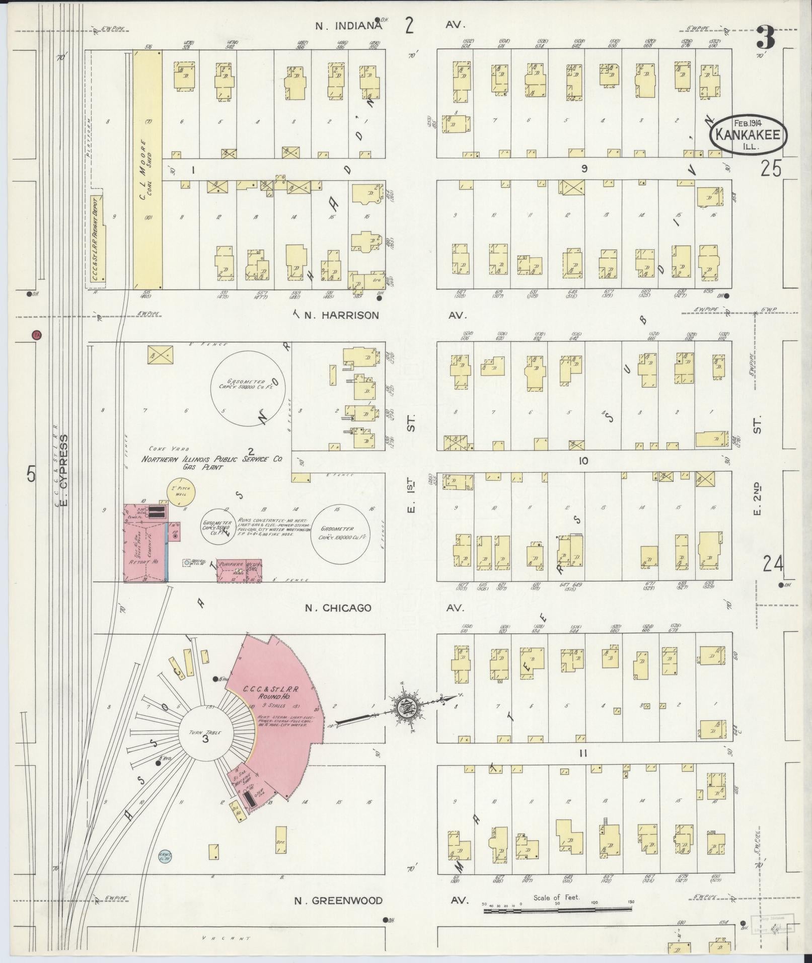 Sanborn Fire Insurance Map from Kankakee, Kankakee County, Illinois (1914), Sheet #0003 - Complete Map Set gallery image, historic Sanborn map, vintage wall art, Illinois Illinois