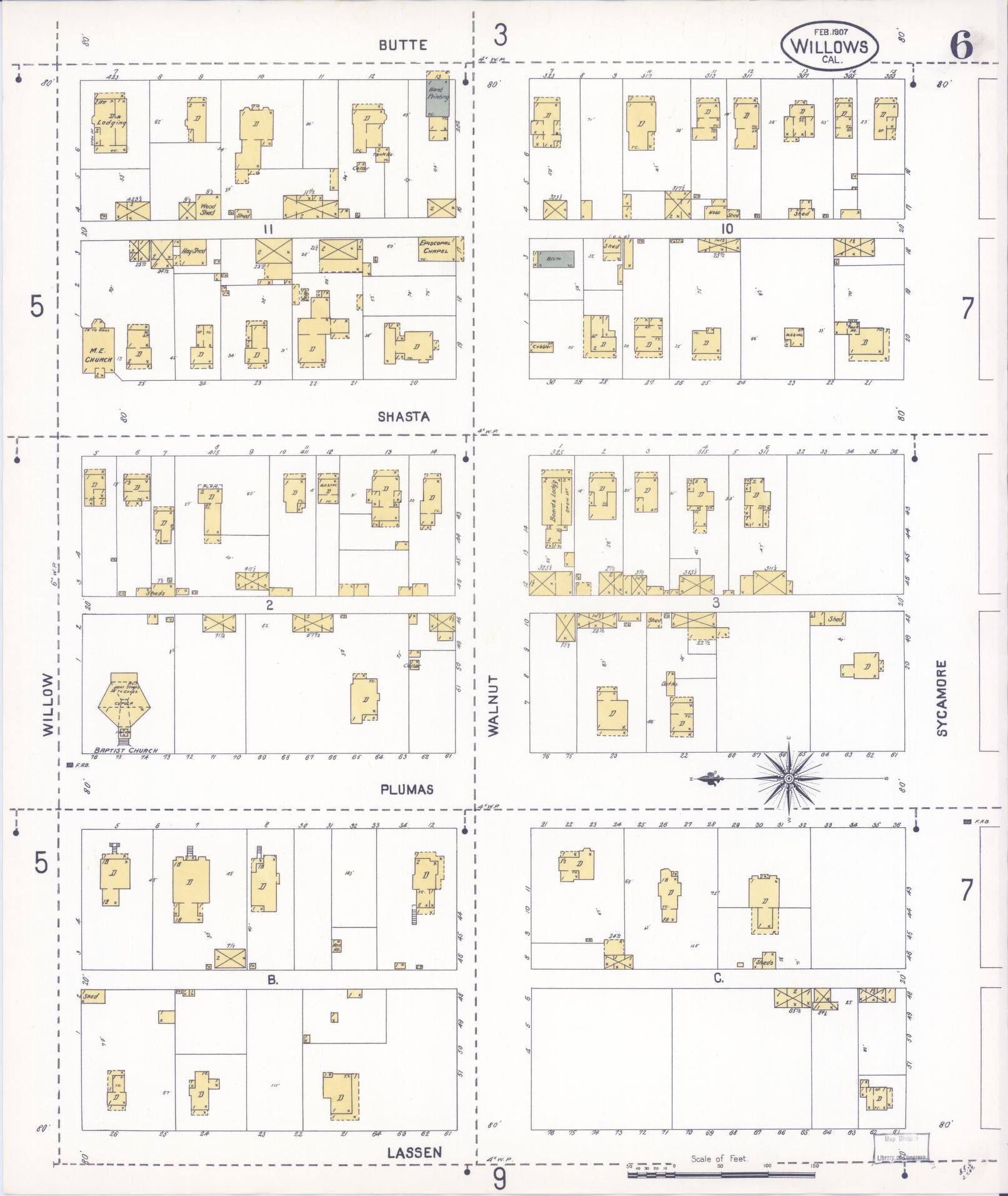Sanborn Fire Insurance Map from Willows, Glenn County, California (1907), Sheet #0006 - Complete Map Set gallery image, historic Sanborn map, vintage wall art, California California